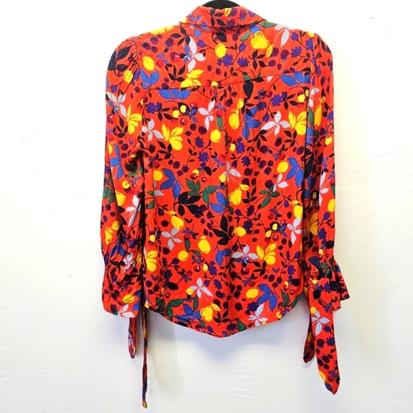 Anthropologie Maeve Vibrant Floral Lemon Print Red Button Up Women Shirt Size 2 - Picture 9 of 9